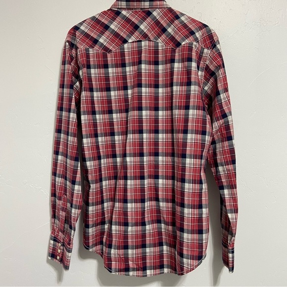 Wrangler Retro Plaid Pearl Snap Men's Western Shirt Red White Navy Large Cotton - Picture 3 of 5